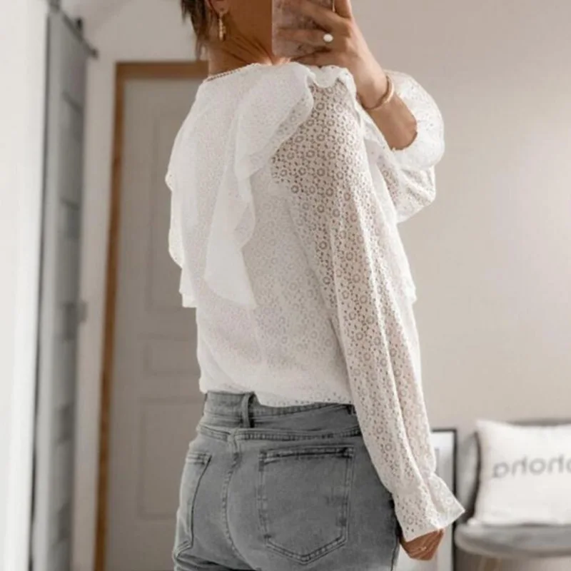 

Women Casual V Neck Ruffles Blouse Shirt Office Ladies Elegant Long Sleeve Solid Tops Spring Sexy Hollow Out Soft Shirt Blusa XL