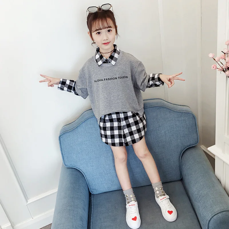 

Spring and Autumn Clothing 2021 Girls Plaid Shirt Sweatshirt Two-Piece Set, Big Kids' Children's Clothing
