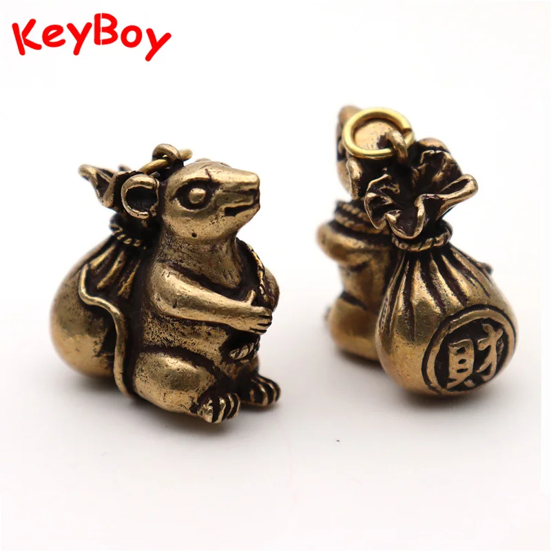 Винтажный латунный милый брелок в виде мыши с фигуркой сумки богатства Подвески