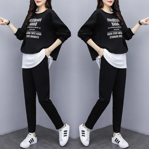 

Fake Two Top&pants Set Letter Plus Size Women Tracksuits Korean Womens Clothes Splicing 2 Piece Sets Womens Outfits Tracksuit