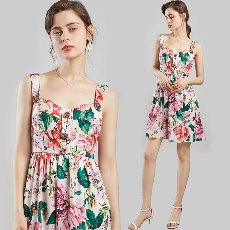 

New Sweet Petal Buttons Backless Holiidays Pleated Runway Dress Women Elegant Pink Floral Printed Spaghetti Strap Overalls Dress