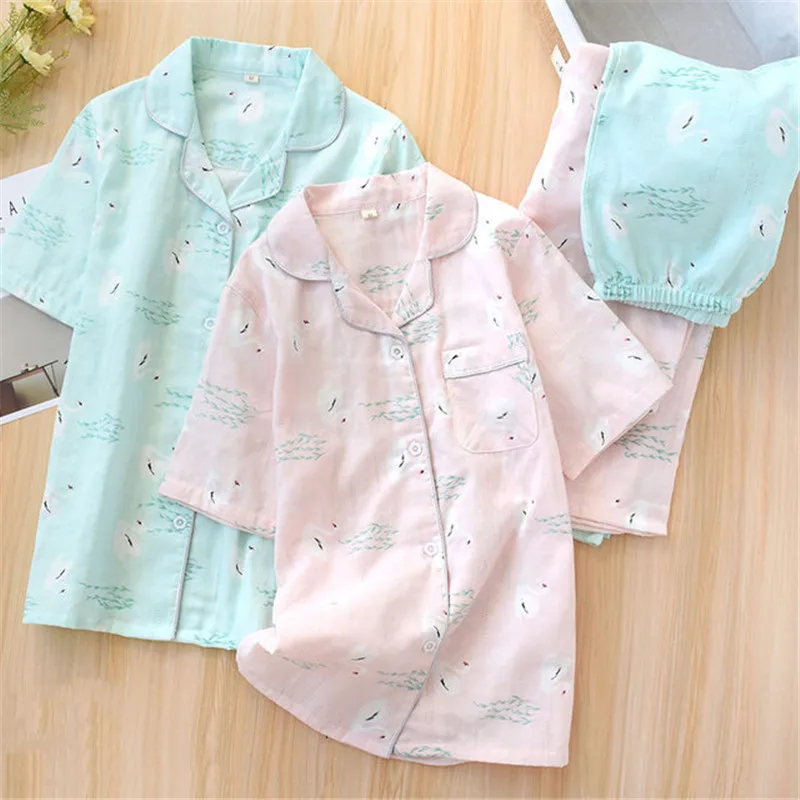 Женская пижама из 100% хлопка марлевая Пижама женские брюки с коротким рукавом