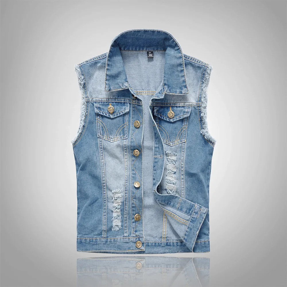 

Slim Denim Vest Male Light Blue Large Size Denim Vest Hole Denim Button Vest