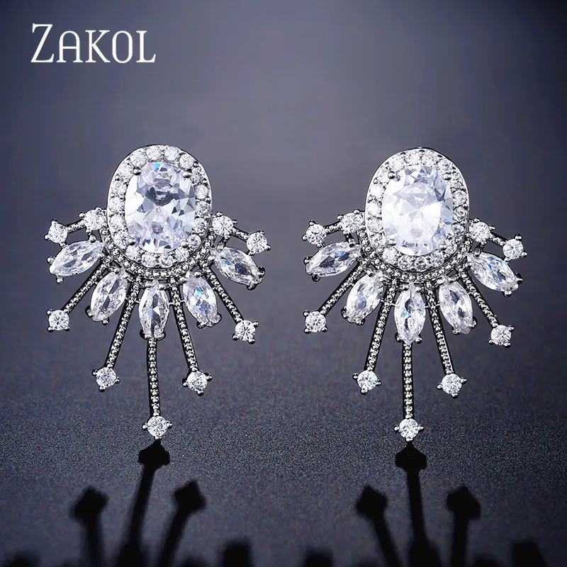 

ZAKOL Fashion Green Oval Zircon Stud Earrings for Women White Gold Color Crystal Leaf Wedding Bridal Jewelry Gift FSEP2282