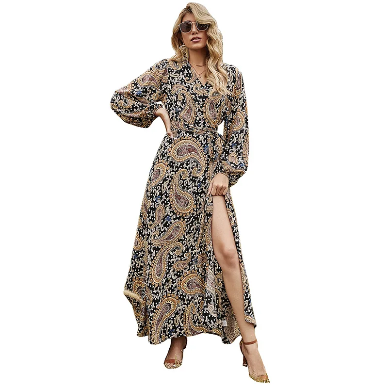 

Women's dress spring and summer print wrap lantern sleeve dress traf Women's sweaters sexy V-neck high waist y2k woman dress 112