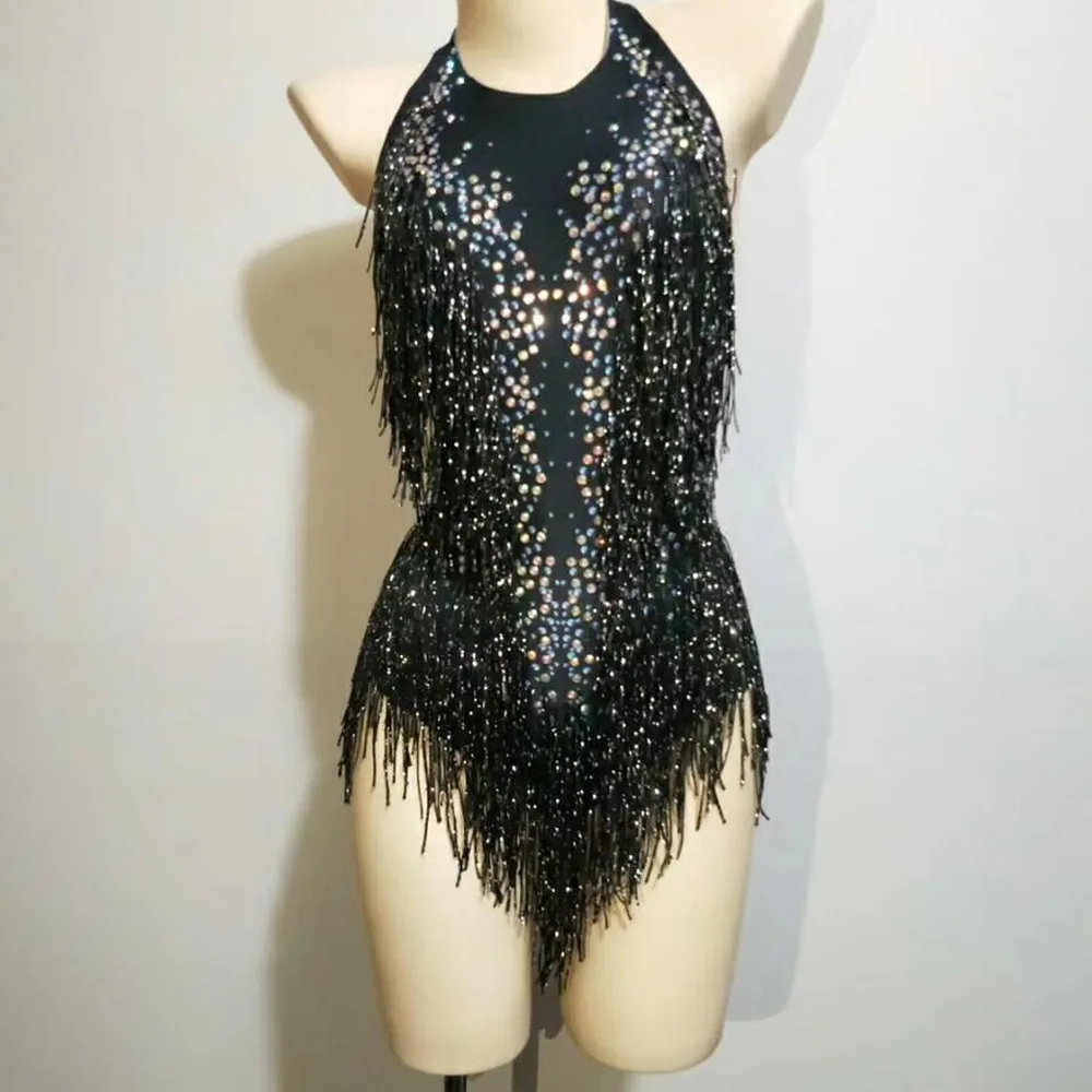 Sexy Tassel Rhinestone Latin Dance Bodysuits Female Nightclub Halter Backless DJ DS Pole Dancing Leotard Elastic Stage Costumes