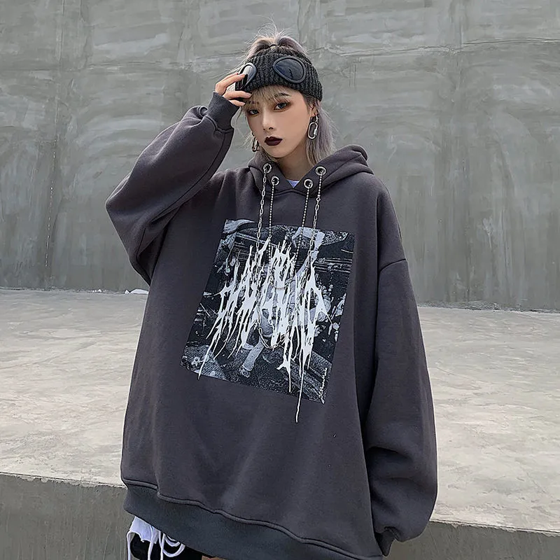 Женские толстовки с капюшоном Черный серый цвет цепочка принтом свободная
