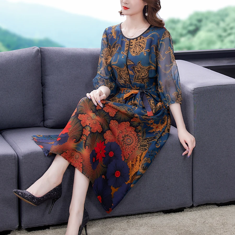 

Женское шифоновое платье средней длины, повседневное облегающее платье из натурального шелка с винтажным принтом в стиле бохо, лето 2023