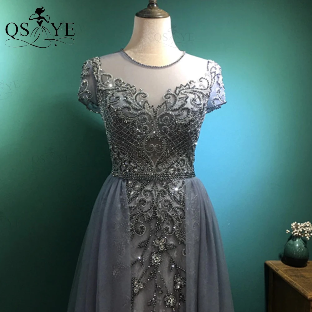 QSYYE High Quality 2 in 1 Prom Dresses Luxury Beadings Long Evening Glitter Gown Cap Sleeves Tulle Tail Elegant Party Dress