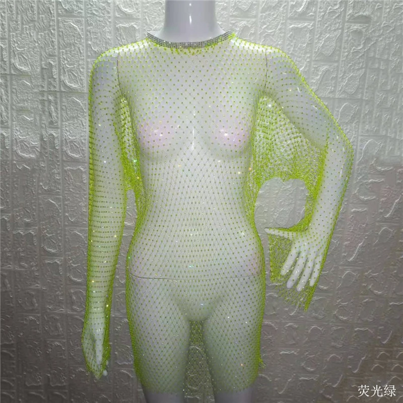 neon green Блестящие стразы, клетчатое Открытое платье, женское сексуальное просвечивающее мини-платье с длинным рукавом, летнее пляжное ажурное платье - Цвет: neon green