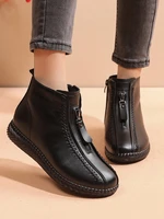 autumn female short boots front zipper flat wearable round toe mother shoes winter leisure plush warm woman ankle snow booties
