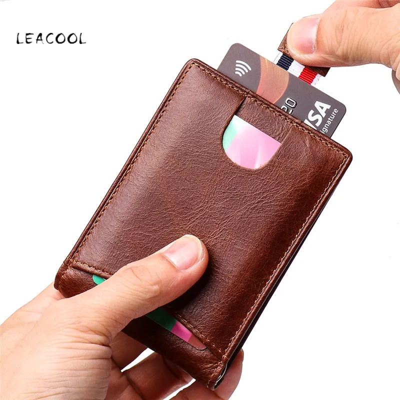 LEACOOL натуральная кожа RFID Блокировка держатель для карт подтягивающий кредитный