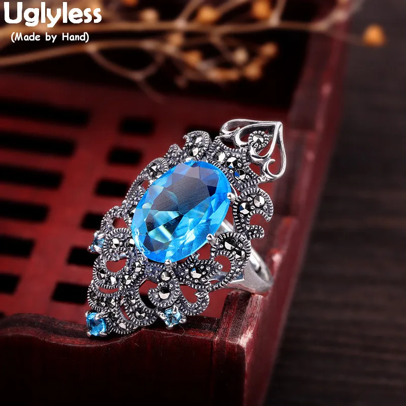 

Uglyless Exaggerated Wide Rings for Women Exotic Party Dress Open Rings Real 925 Silver Hollow Zircon Flower Bijoux Jewelry R929