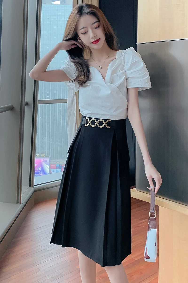 

COIGARSAM Women Skirt New Summer Spring High Waist Skirts Black 1221