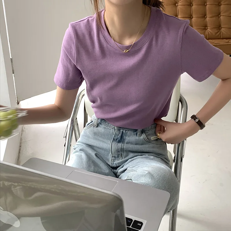 

Women Basic Multi Color Mini Short Sleeve T Shirt 2021 Summer Korean Simple Casual Top Solid O Neck Short Tshirt Leisure Wear