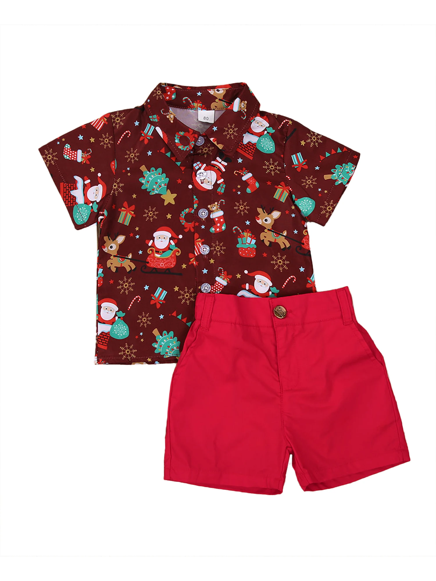 New 0-6 Years Baby Boy Christmas Clothes Set Kids Short Sleeve Print Shirts Toddler Red Shorts Gentalmen Suit Kid Santa Outfit