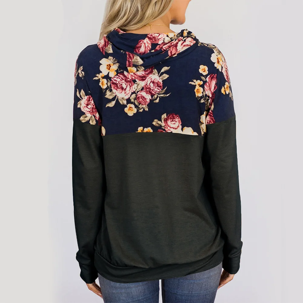 

winter girls floral patchwork pockets hooded woman sweatshirt fashion long sleeve pullover female sweatshirt