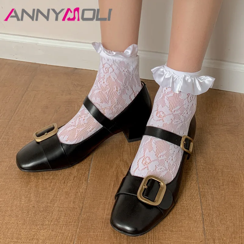 

ANNYMOLI Women Mary Janes Shoes Genuine Leather Square Toe Pumps Mid Heel Buckle Shoes Chunkty Heels Female Footwear Beige 33-40