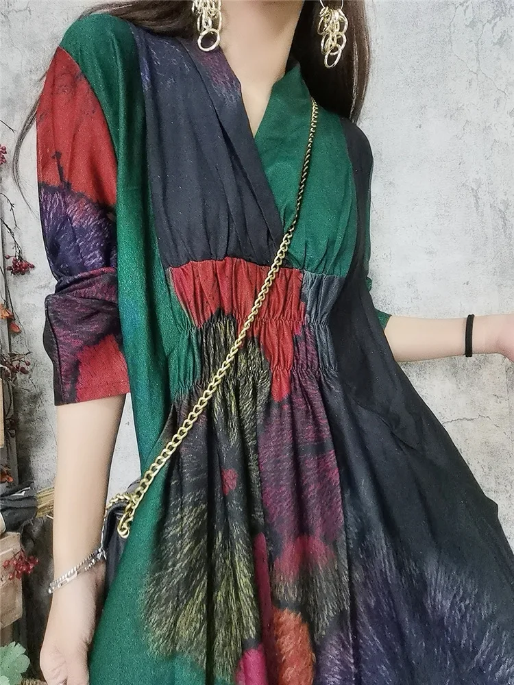 

Ethnic patchwork print ladies O-Neck Women Dress Graffiti Patchwork Casual Midi Dress Vestido Mujer HK175