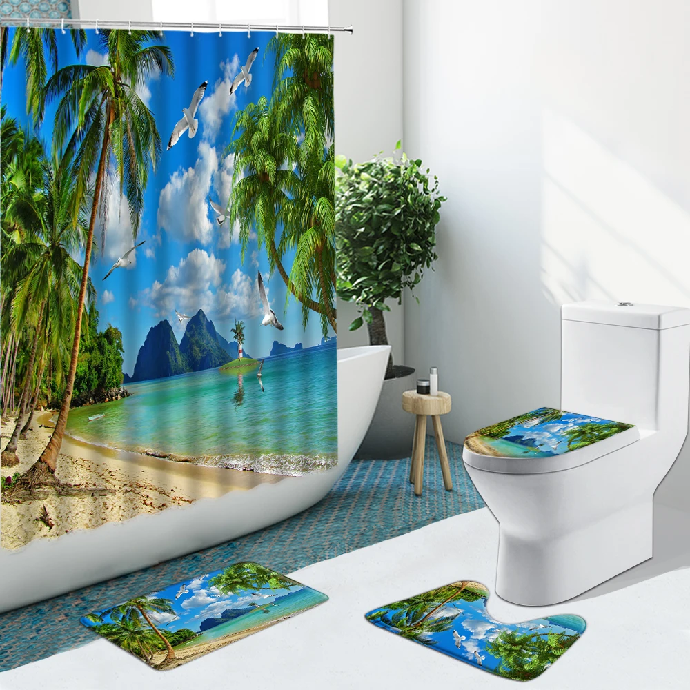 

Sea Turtle Tropical Fish Coconut Tree Bathroom Set Shower Curtain Dolphin Non-Slip Rugs Flannel Toilet Cover With Hooks Bath Mat