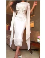 vestido arabic white criss_cross pleated prom straight bateau short sleeves tea length gowns 2018 mother of the bride dress