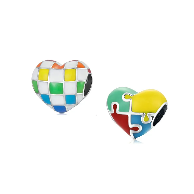 

Красочный Шарм в форме сердца из стерлингового серебра 925 пробы, мозаика-пазл и Ranibow, клетчатые бусины для женщин, DIY браслет, ювелирные издел...