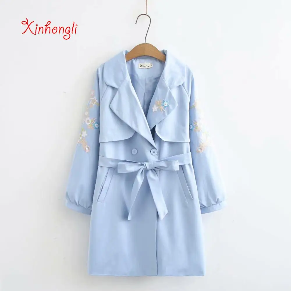 Plus size Embroidery Adjustable waist bow women loose long Trench coats NEW spring autumn office ladies slim coats female