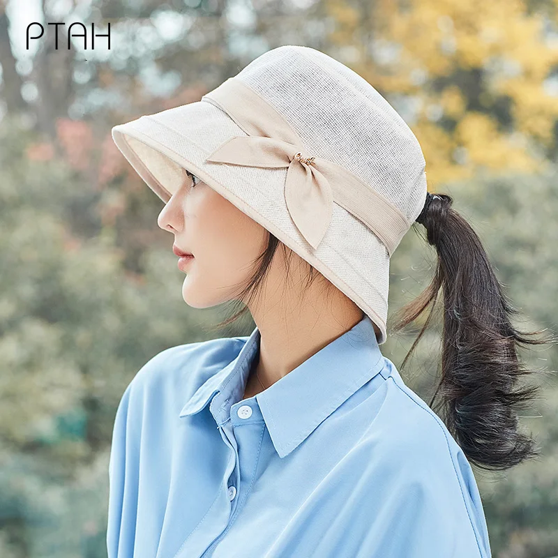 

[PTAH] Fashion Bucket Hats Women's UPF 50+ Anti-UV Cloth Foldable Windproof Rope Beach Hats Breathable Sun Protection Cap Female