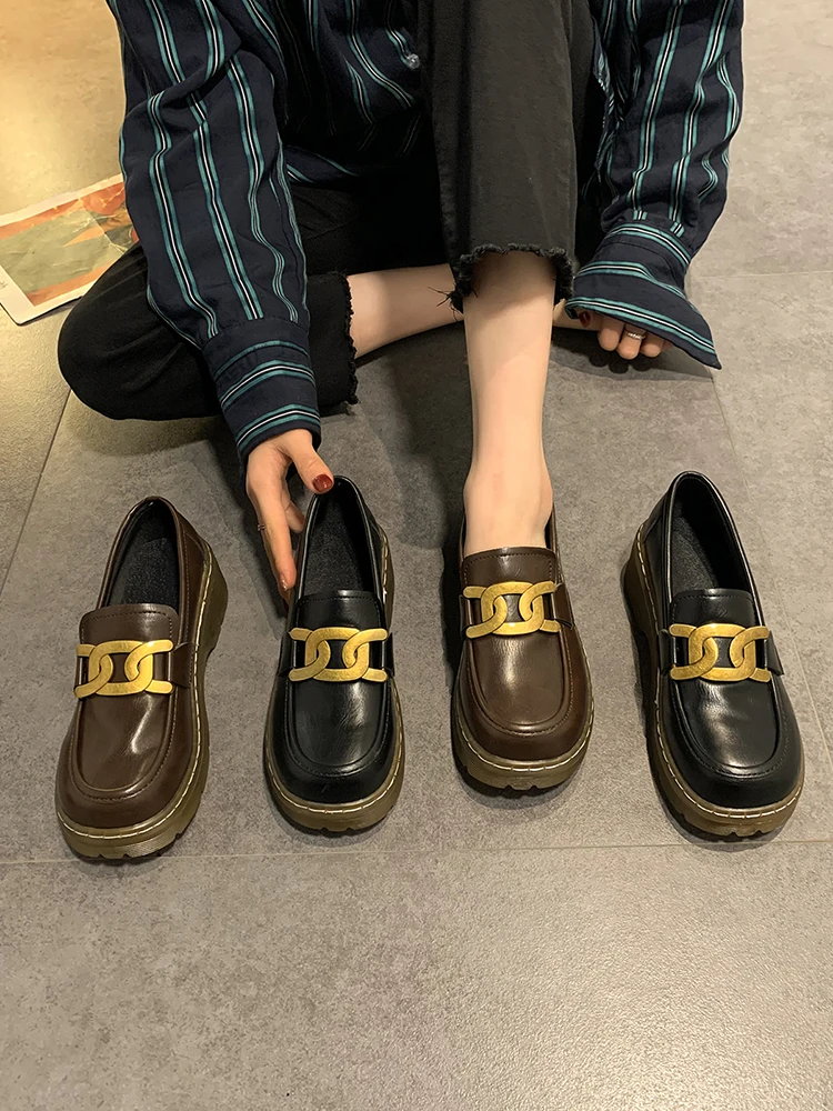 

Shoes Woman 2021 Oxfords Loafers With Fur Female Footwear Modis British Style Casual Sneaker Round Toe Clogs Platform New Leathe