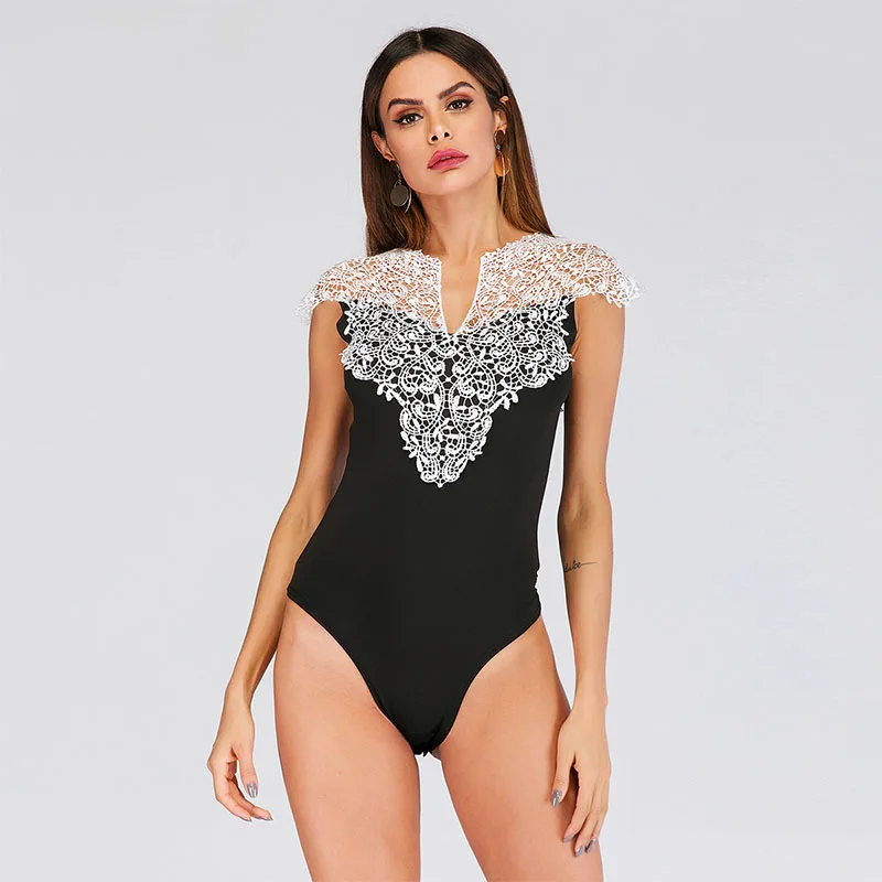 

Neatie kiddie Sexy Lace Contrast Black Skinny Bodysuit Women V-neck Thin Sleeveless Romper Bodysuit Summer Casual Playsuit