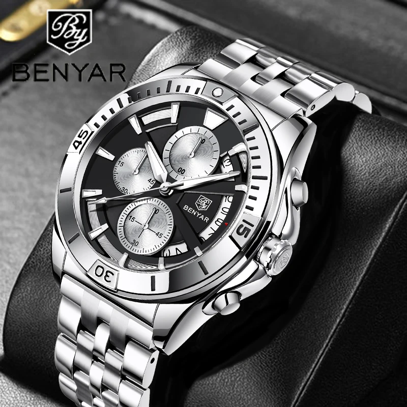 

2021 New Men's Quartz Watch BENYAR Top Brand Luxury Watch Business Men's Fashion Stainless Steel Waterproof Calendar Wristwatch