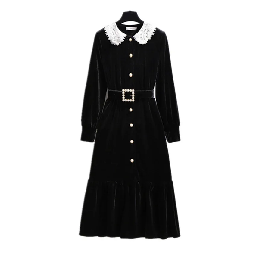 Женское бархатное платье с длинным рукавом винтажное средней длины поясом