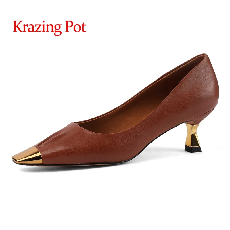 

Krazing Pot cow leather metal square toe strange high heels European style young lady daily wear slip on basic women pumps L0f2