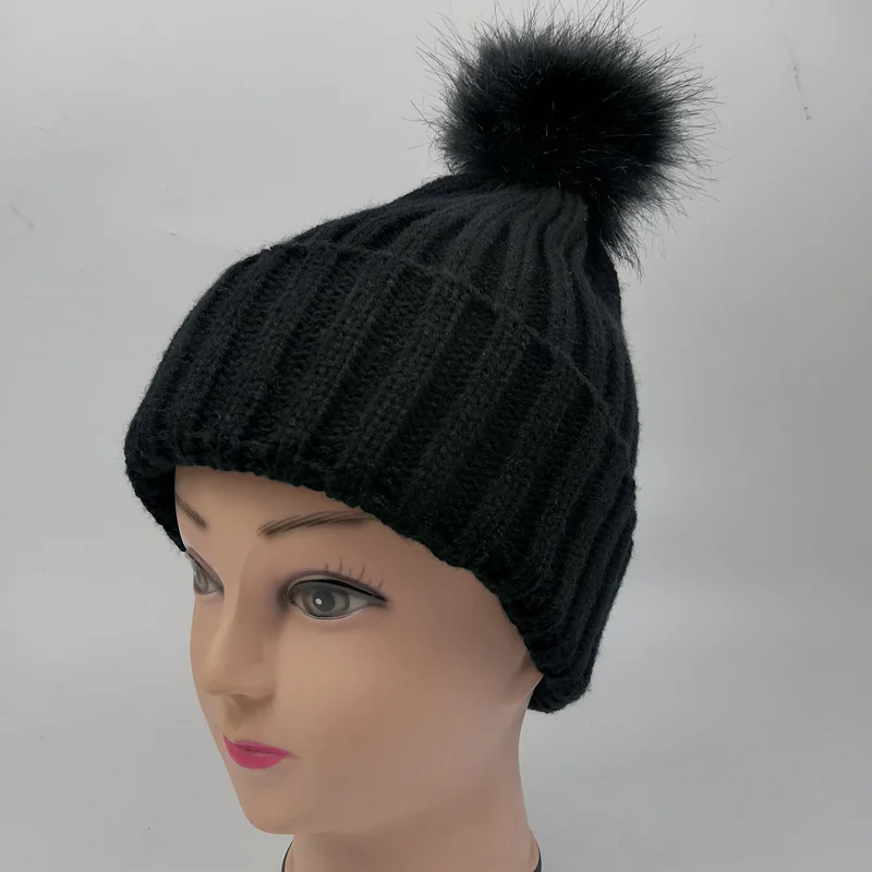 Вязаная шапка с помпоном из искусственного меха для взрослых зимние однотонные