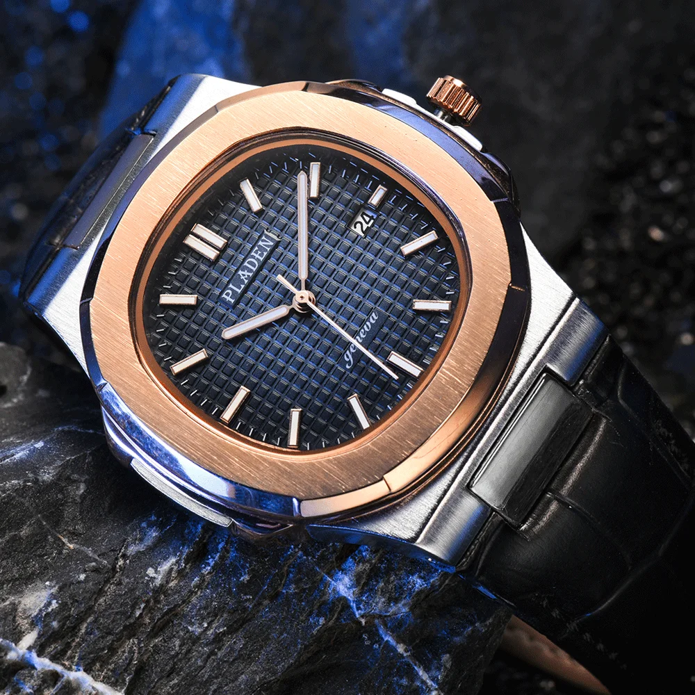 PLADEN Men's Wristwatch Clock Leather Blue Stainless Steel Dial Luxury Luminous Box Watches Top Brands Business Quartz Relojes