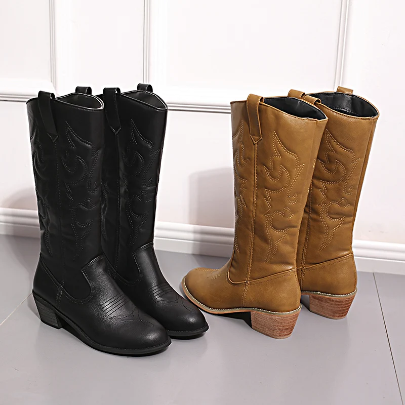 Женские ботинки больших размеров 35 43 черные плетеные до середины икры botas mujer 2019 г.