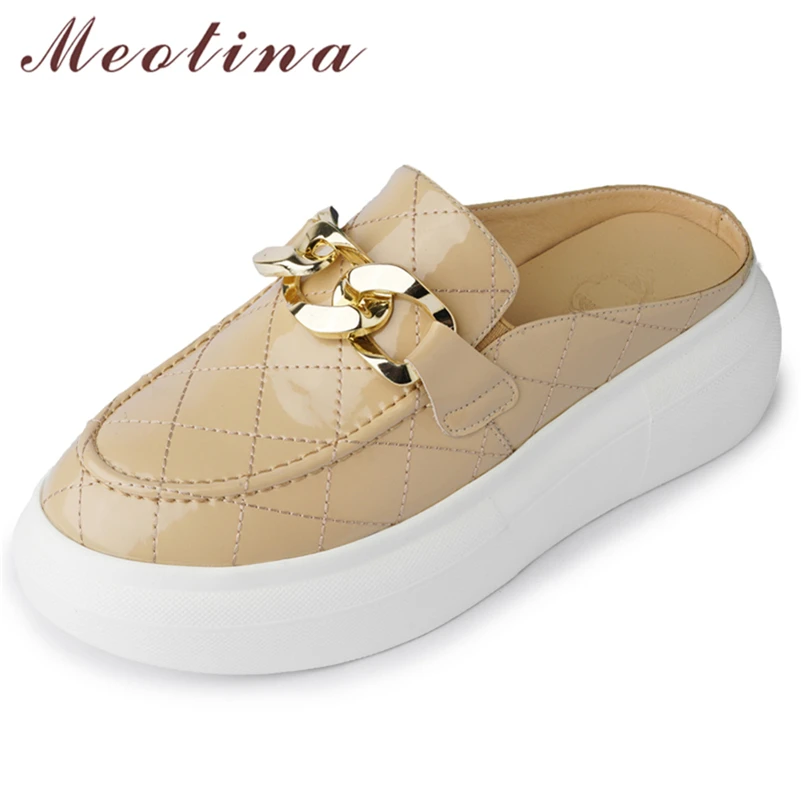 

Meotina Genuine Leather Sandals Women Shoes Flat Platform Mules Chain Ladies Slides Summer Round Toe Ladies Footwear White 40