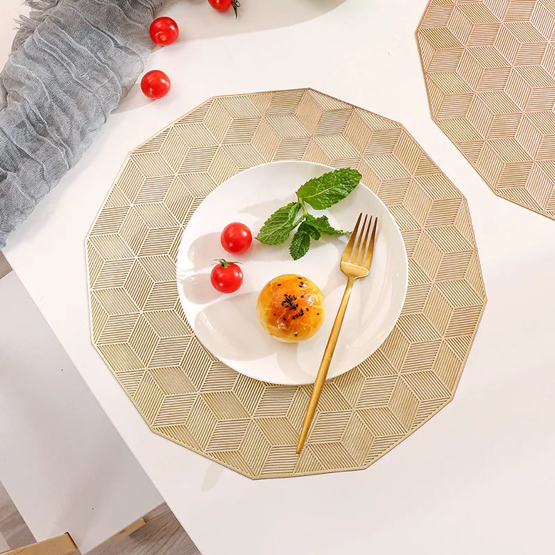 

Table Place Mat PVC Round Cube Heat Insulation Pad Hotel Decoration With Hot Stamping Food Hollow Non-slip Placemat
