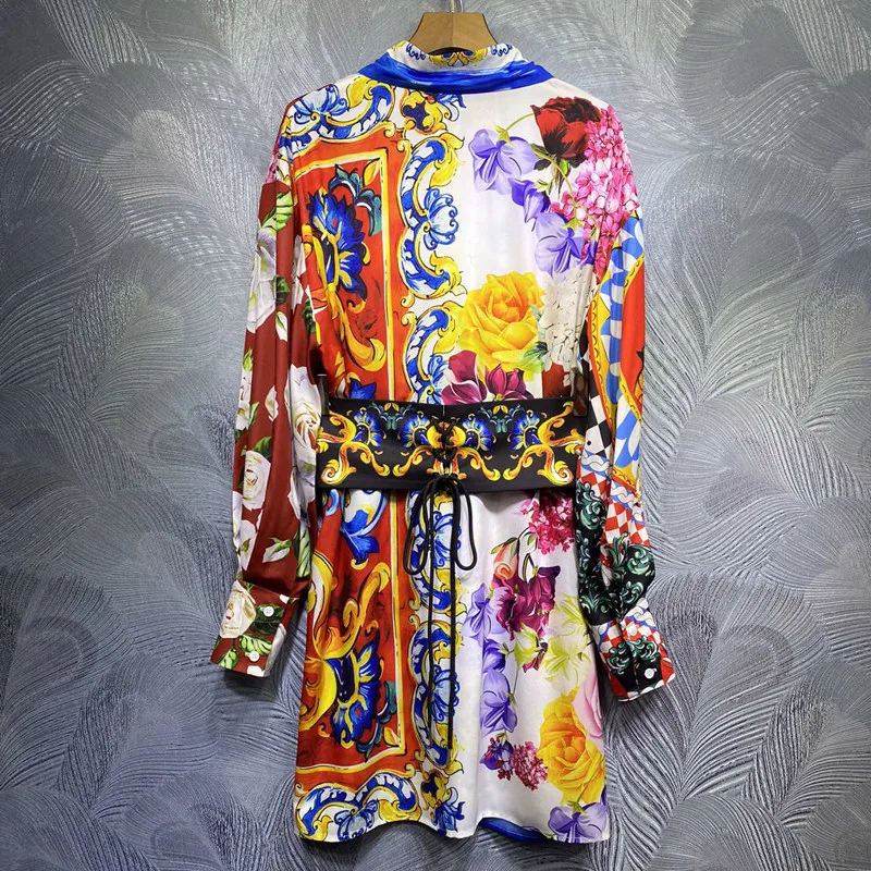 

Women Elegant Spring Fashion Runway Shirt Dress High Quality Lantern Sleeve Floral Print Vintage Robe Femme Casual Loose Vestido