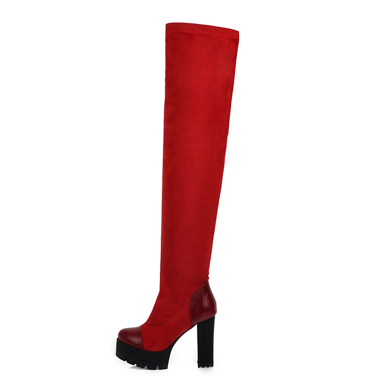 WETKISS Platform High Heels Boots Women Thigh High Boot Female Stitching Shoes Lady Round Toe Stretch Shoes Winter Plus Size 48