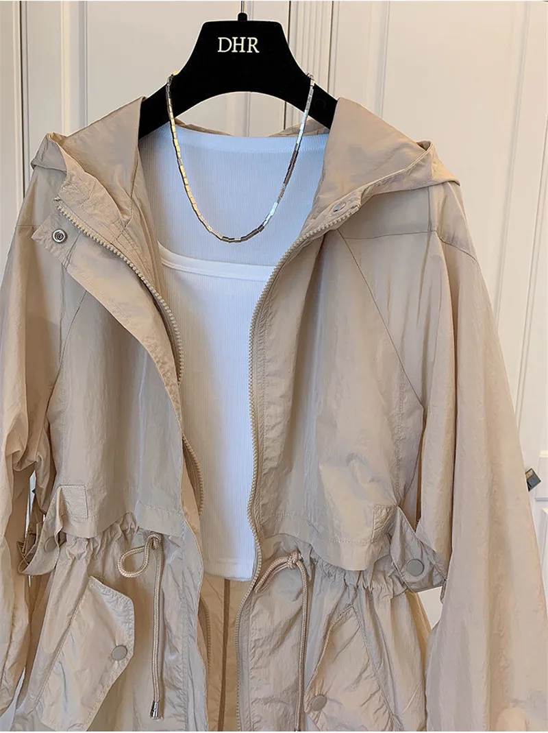 

2021 Summer Women Heavy Lndustry Sun Protection Clothin Embroidered Letters Coat Loose Mid-Length Hooded Zipper Jacket Coat A78
