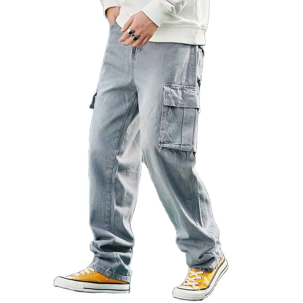 Fashion Hiphop Harem Baggy Cargo Jeans Men's Pants Casual Loose Streetwear Skateboard Trousers Denim Big Pocket Clothes