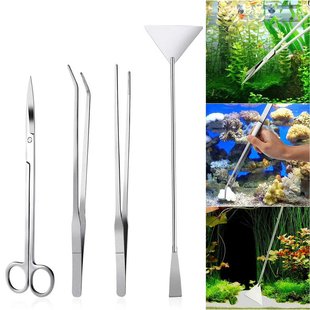 

4-Piece Stainless-Steel Aquarium Plant Tool Set Terrarium Plant Tweezers Gravel Scissors Spatula Steel Waterweed Kit Fish Tank