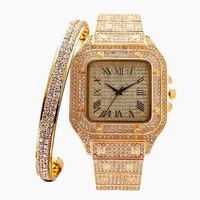 2pcsset watch bangle for women bracelet iced out watch for women square simple luxury club gold watch set jewelry set relojes