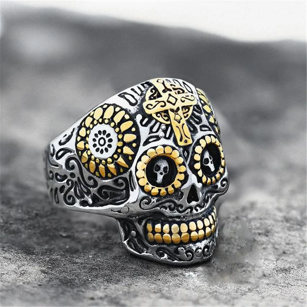 

Trendy Fashion Domineering Punk Skull Two-Color Men's Rings Hip Hop Street Motorcycle Accessories Jewelry Party Gift Ring