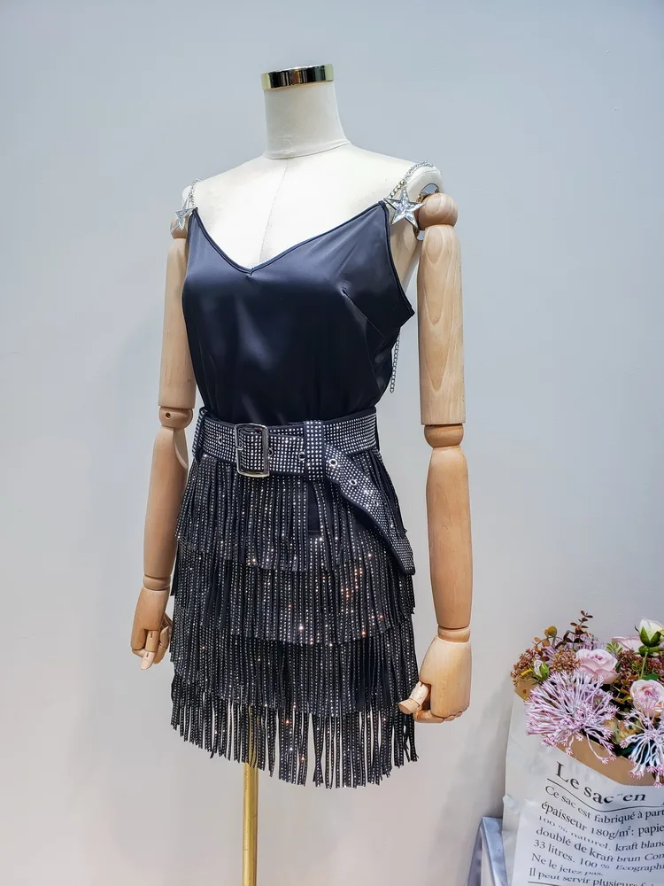 Летняя женская юбка новинка Ins супер мода стразы бахрома расшитая блестками с