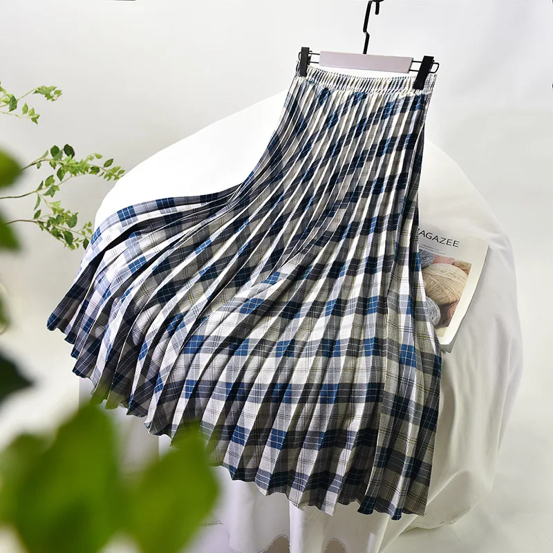 

Women Fashion Striped Plus Size Pleated Skirt Stretch Waist Chiffon Plaid Skirt Temperament Large Swing Skirt Female Long Skirt
