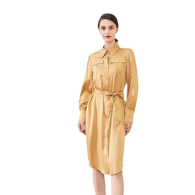 

100% mulberry silk dress Shenzhen Nanyou women's mulberry satin jacquard lace-up shirt dress mulberry silk skirt