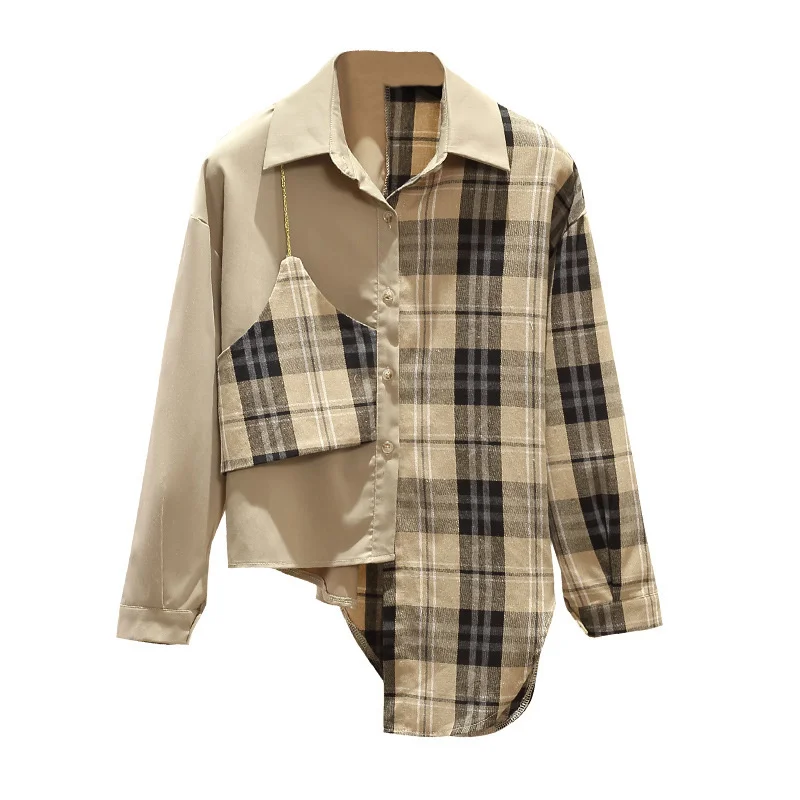 

Plaid Shirt 2021 spring break two pieces of irregular stitching design