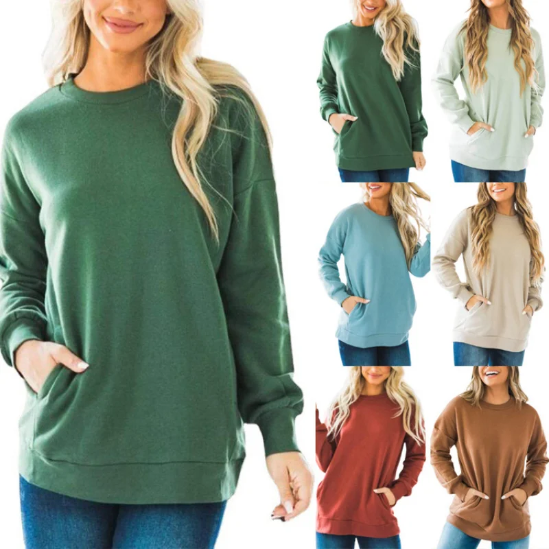 

Новые модные повседневные футболки, женская одежда, пуловер с круглым вырезом для девочек, свитер с карманами, Женский свитшот, топы, одното...